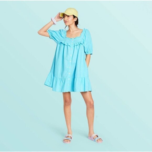 Stoney Clover Lane Womens Blue Short Sleeve Ruffle Linen Dress Med - Picture 1 of 15